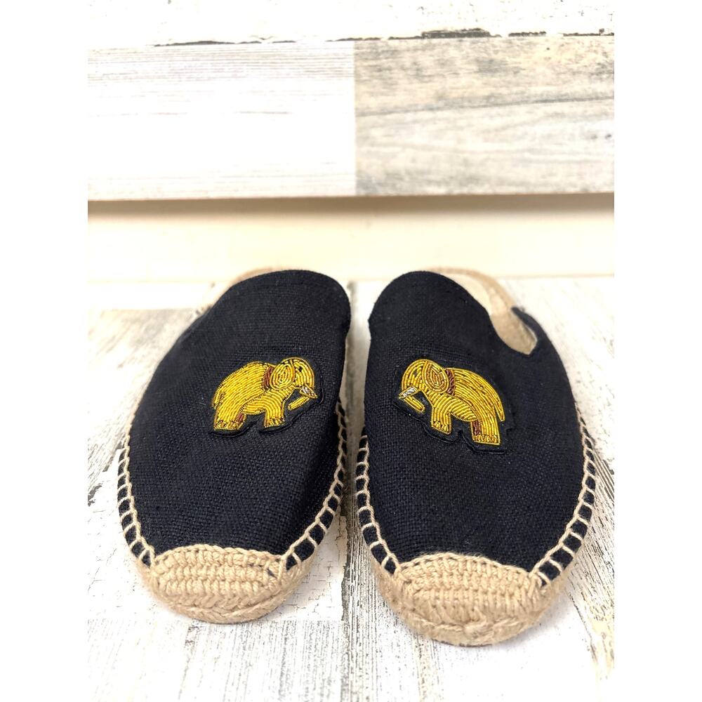 Soludos Womens 8 Black Gold Beaded Elephant Slip On Espadrille Mule Shoes Flats